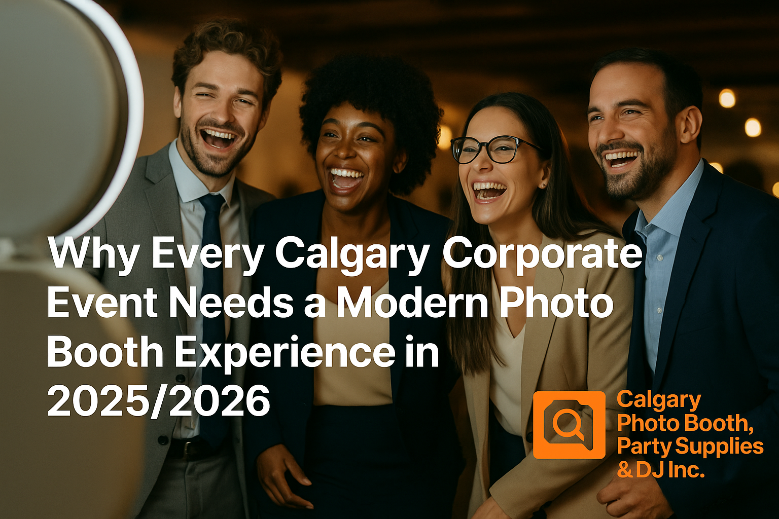A diverse group of corporate professionals laughing together while standing in front of a modern photo booth, with bold text promoting “Why Every Calgary Corporate Event Needs a Modern Photo Booth Experience in 2025/2026” and the Calgary Photo Booth Party Supplies & DJ Inc. logo placed in the bottom right corner.